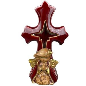 Ceramic Angel & Cross Fold Wings Praying Under Cross Tea Light Candle Holder